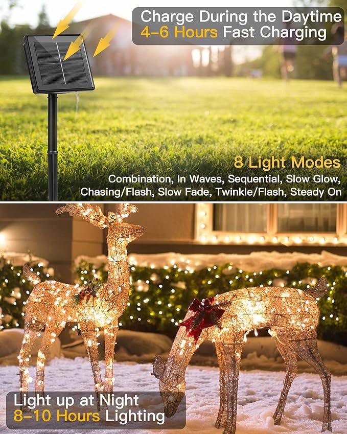 Minetom Solar String Lights, 2 Packs Total 66Ft 200 LED Solar Fairy Lights, Waterproof Solar Lights for Outside Patio Yard Tree Wedding Christmas, Warm White