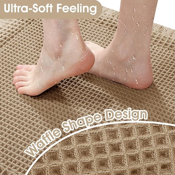 Upgraded Waffle Bath Mat Set 3 Piece Beige-Bordered, Super Absorbent Non-Slip Quick Dry Bathroom Rugs with Tassels, Machine Washable Ultra Soft Boho Bath Rugs for Floor, Bath Mats Boho Farmhouse Decor