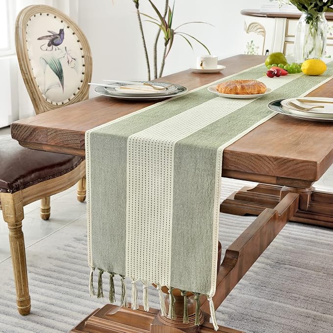Wracra Linen Table Runner, Farmhouse Macrame Table Runners 36 Inches Long for Dining Table Decor, Wedding, Party and Dresser Decor (Sage Green,36")