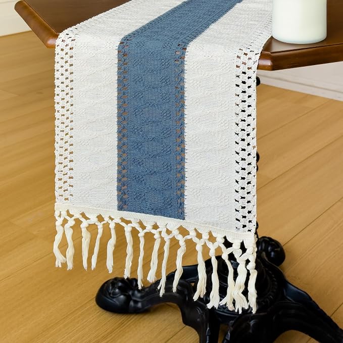 Blue Boho Table Runner for Home Decor with Tassels 72 Inches Farmhouse Rustic Table Runner Macrame Burlap Table Decoration for Living Room Bridal Shower(12x90 Inches, Fringe Included)