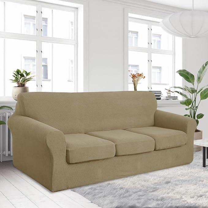 U-NICE HOME 4 Pieces Oversized Stretch Couch Cover Sofa Cover Washable Slipcover with Individual Seat Cushion for 3 Cushion Couch Sofa Pet Friendly(Oversized Sofa, Sand)