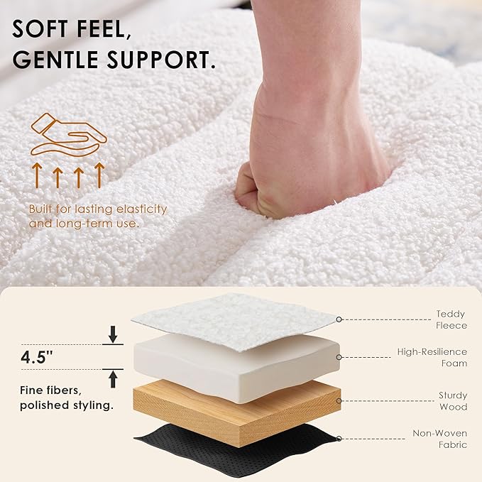 White Teddy Fleece Tufted Ottoman Stool, Small Arch Footrest for Couch, Modern Vanity Stool with Non-Slip Pads for Makeup Room, Living Room, Entryway, 15.4 x 19.3 x 17.9 Inches, 260lb Capacity