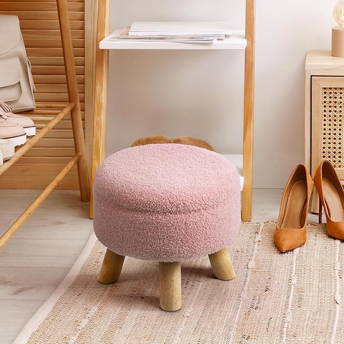 OGEMXU Ottoman Foot Rest, Small Round Ottoman with Storage, Boucle Teddy Velvet Footstool with Wood Legs, Soft Sponge Storage Ottoman for Living Room, Bedroom, Couch, Enterway (Pink)
