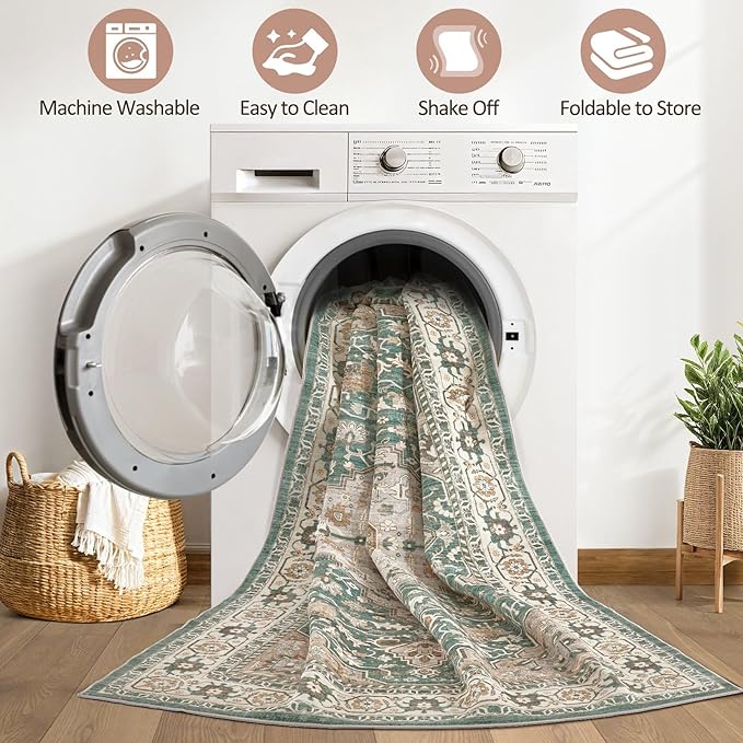 Runner Rug Kitchen Washable Rugs: 2x6 Non-Slip Abstract Soft Modern Stain Resistant Indoor Floor Neutral Accent Throw Carpet for Hallway Bathroom Laundry Room Entryway Bedroom- Green