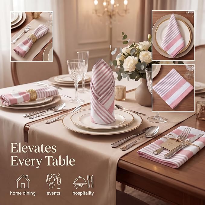 Urban Villa Cloth Napkins 100% Cotton Highly Absorbent Washable Reusable Premium Dinner Napkins Ideal for Gifts for Mothers Day Hotel Farmhouse Parties - Garnet Red Stripes (20" x 20", Set of 12)