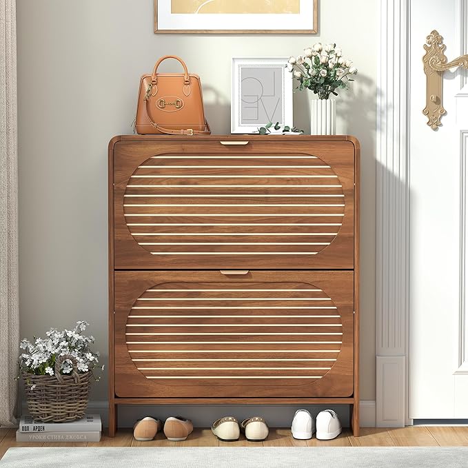 Wood Shoe Storage Cabinet with 2 Flip Drawer, Mid-Century Farmhouse Curved Corner Shoe Cabinet Arched Fluted Pattern, Hidden Narrow Shoe Organizer for Entryway, Living Room (Walnut, No-Divider)