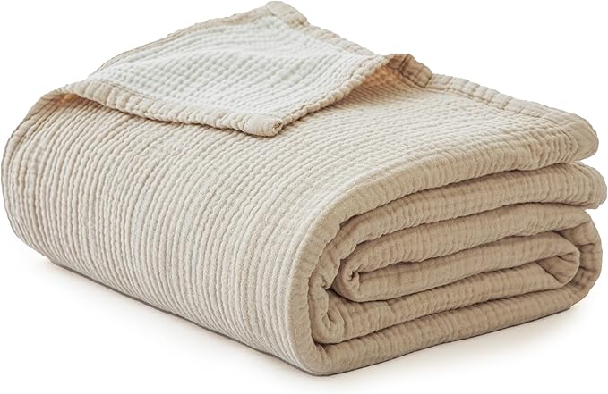 Simple&Opulence 100% Cotton Muslin Blanket Twin Size, Lightweight Breathable 4 Layering Gauze Blanket for Bed Couch Camping, Soft Bedspread Coverlet All-Season Use (Beige, 68"x86")