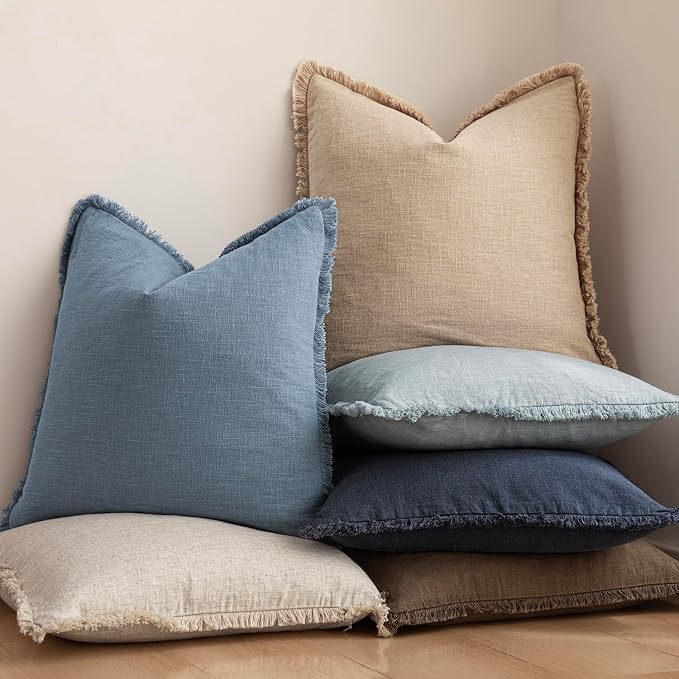 Foindtower Set of 2 Decorative Linen Fringe Throw Pillow Covers Cozy Boho Farmhouse Cushion Cover with Tassels Soft Accent Pillowcase for Couch Sofa Bed Living Room Home Decor, 22×22 Inch, Misty Blue