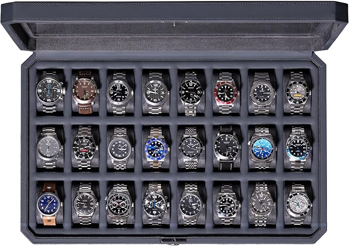 ROTHWELL 24 Slot Watch Case with Lock – Luxury Watch Box to Display and Organize Your Collection | Real Glass Top | Premium Storage for Collectors (Carbon)