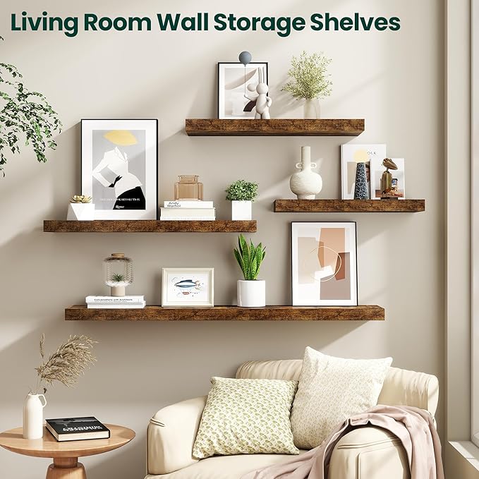 Floating Shelves for Wall 16 in x 9.3 in Deep, Wall Mounted Rustic Wood Shelf with Invisible Brackets for Storage & Display, Living Room Bedroom Bathroom, Brown, 2 Pack
