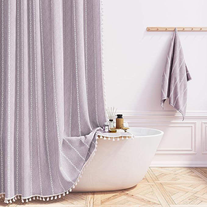 BTTN Boho Shower Stall Curtain - 36x72 Narrow Linen Thick Striped Tassel Fabric Shower Curtain Set with 6 Hooks, Half Modern Farmhouse Cottage Decorative Cloth Shower Curtains for Bathroom - Lavender