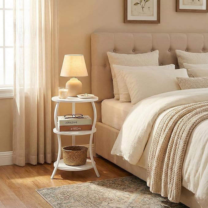 YEAKOO Vintage Small Round Side Table, 3-Tier Slim Waist Circular End Table with Storage Shelf, Compact Tea Sofa Table, Round Corner Coffee Table Nightstand for Living Room Bedroom Small Spaces,White
