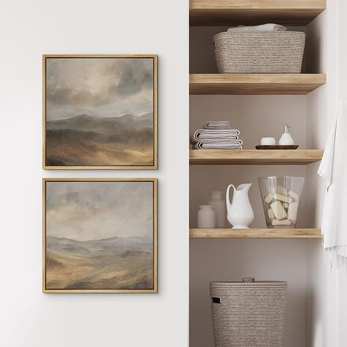 SIGNFORD Framed Canvas Print Wall Art Set Neutral Toned Mountain Landscape Abstract Earthy Illustrations Modern Art Minimal Relax/Calm for Living Room, Bedroom, Office - 24"x24"x2 Natural