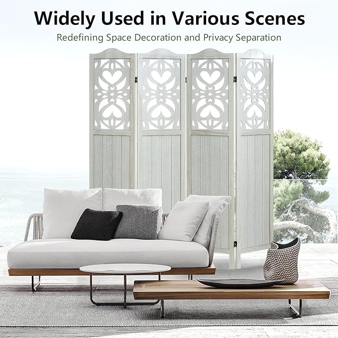 4 Panel Room Divider 5.6FT Wood Carved Room Divider Folding Privacy Screen with Double Hinges, Free Assembled Portable Partition Screen Divider for Room Separation Home Office - Retro White