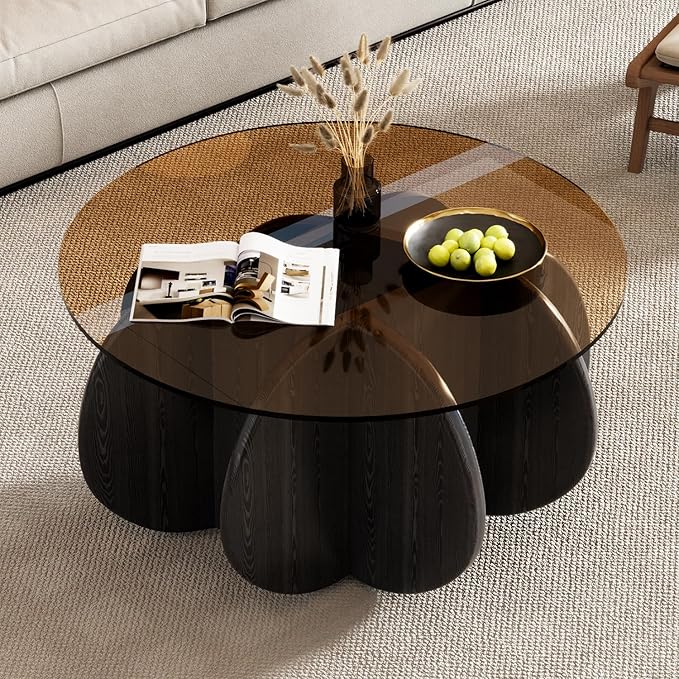 31.5'' Round Coffee Table with Tempered Glass Top, Mid-Century Modern Cocktail Table with Sturdy Wood-Inspired Base, Small Space Living Room Center Table, Easy Assembly (Black + Brown)