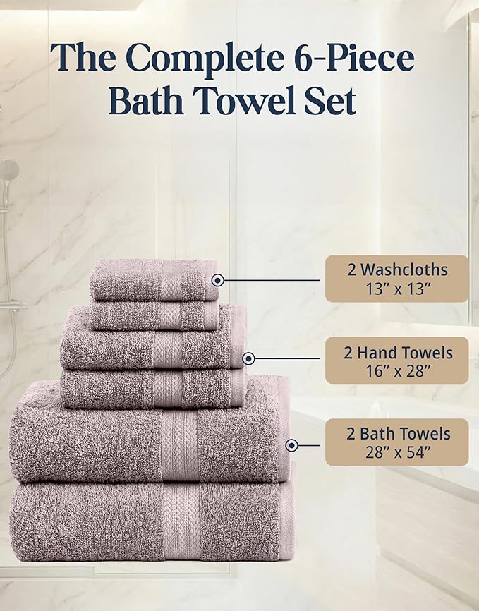 LANE LINEN 100% Ring Spun Cotton Bathroom Towel Set - 6 Piece - Soft, Quick Dry & Highly Absorbent - 2 Bath, 2 Wash cloths, 2 Hand Towels - Ideal for Guests & Perfect for Bathroom decor - Platinum