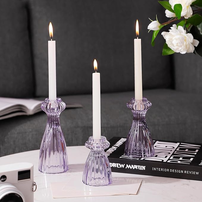 Lysenn Glass Candle Stick Holder Set of 3 – Premium Taper Candle Holders for Romantic Ambiance - Candle Sticks Holder Decor for Special Occasions - Purple