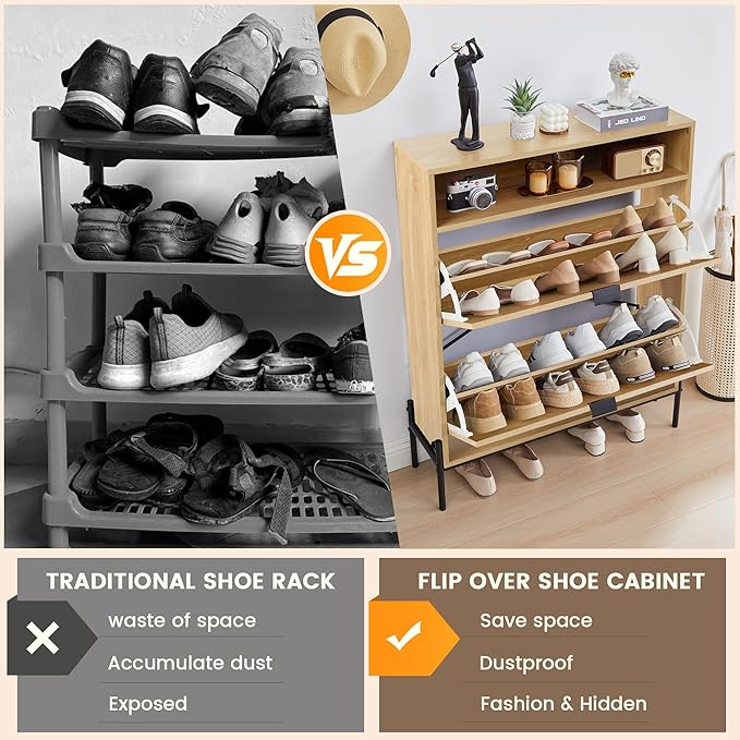 FurSch Fluted Shoe Cabinet with 2 Flip Drawers, Narrow Shoes Storage Organizer Rack with Circle Design Panel for Entryway Hallway (Natural)