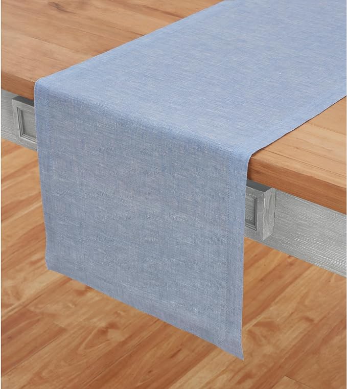 Solino Home Linen Chambray Blue Table Runner 132 Inches Long - Athena, 100% Pure Linen Dining Table Runner 14 x 132 Inch for Summer