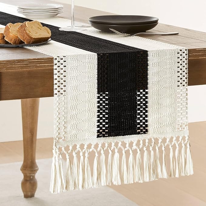 ZeeMart Macrame Style Bicolor Stitching Table Runner, 14 x 48 Inch Black/Ivory, Boho Black Table Runners 48 Inches Long, Farmhouse Woven Home Decor