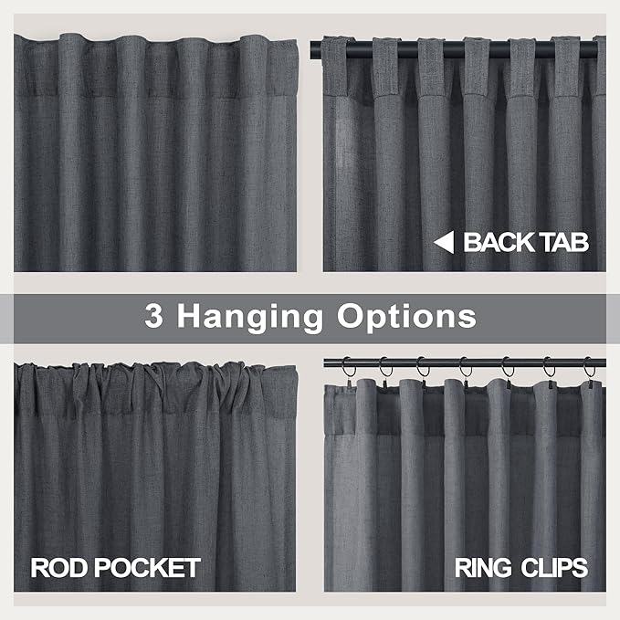 Dark Gray Curtains 108 Inches Long 2 Panels Set for Patio Door 2 Panels Rod Pocket Semi Sheer Linen Lightweight Drapes Charcoal Grey Cotton Textured 9ft Curtain for Dining Room Bedroom Playroom 52x108