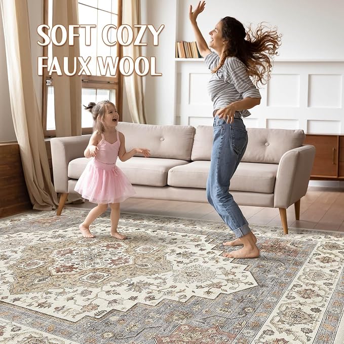 8x10 Area Rugs Living Room: Washable Boho Large Neutral Vintage Soft Rug Stain Resistant Farmhouse Non-Slip Indoor Floor Carpet for Bedroom Nursery Kids Playroom Office Dining Room- Orange Beige