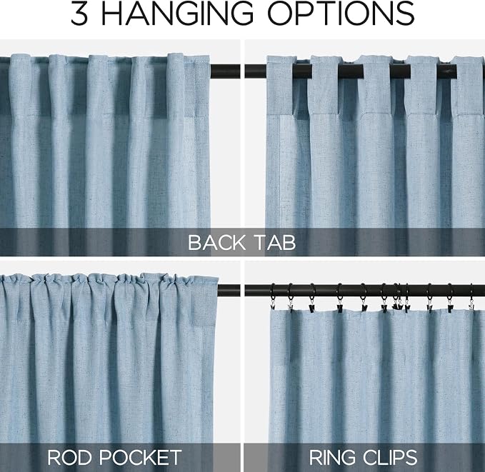Nanspring Blue Curtains 132 Inches Long 2 Panels for Living Room Back Tab Rod Pocket Semi Sheer Linen Drapes Neutral Room Decor Blue Curtain Ceiling to Floor Length for Dining Room 52x132