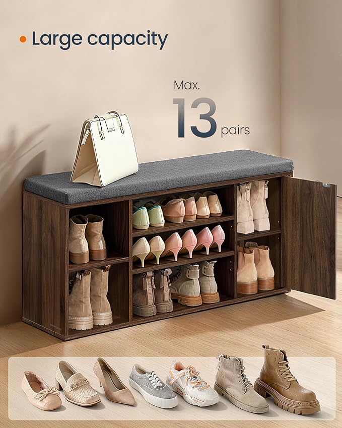SONGMICS HOME Storage Bench, Superfast Toolless Assembly, 41" Wide Entryway Shoe Bench with Cushion & Adjustable Shelves, Shoe Rack Cabinet, Natural Walnut and Slate Gray ULHS391KE04S