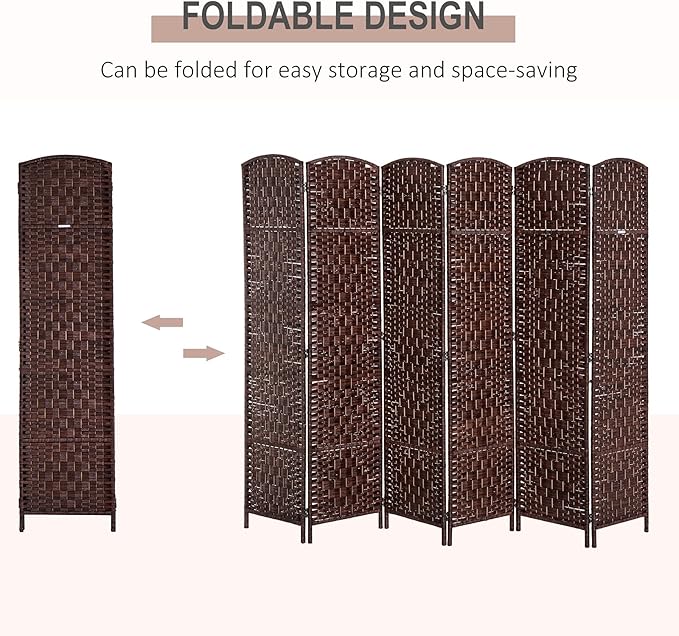 HOMCOM Room Divider 6 Panel, 6FT Tall Folding Privacy Screen, Freestanding Hand-Woven Partition for Room Separation with 360° Hinges, Paper Rope Diamond Weave, Brown