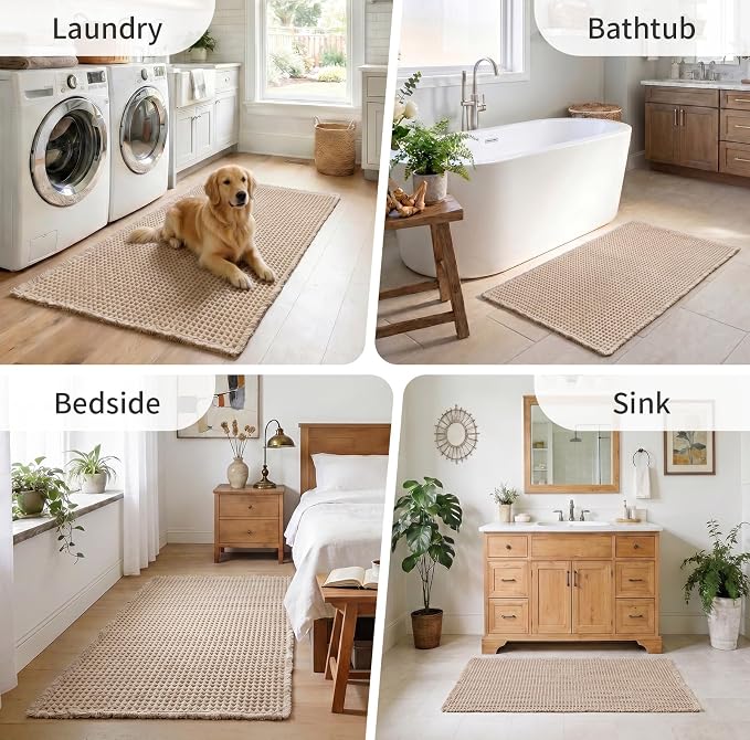 ILANGO Upgraded Waffle Bathroom Runner Rugs,Super Absorbent Boho Non Slip Bathroom Mats Quick Dry,Ultra Soft Machine Washable Mat with Tassels for Hallway,24x72,Khaki