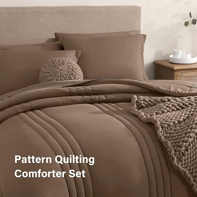 Monbix Queen Comforter Set - 7 Pieces Raw Umber Bed in a Bag Queen Bedding Sets with Comforters, All Seasons Comforter Bed Set with Sheets, Pillowcases & Shams
