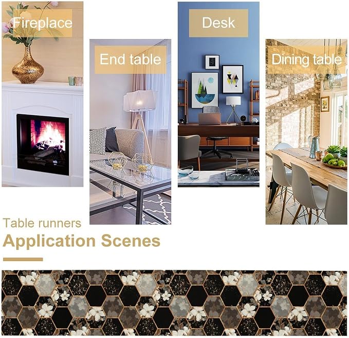 Geometric Marble Table Runner, Black Gold Hexagon White Flower Bloom Accent Table Runner for Kitchen Dining Party Wedding Decor, 13x108 Inch