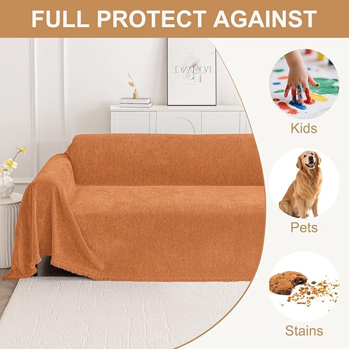 Smiry Couch Cover for Dogs, Washable Chenille Sofa Covers for 3 Cushion Couch, Soft Sofa Slipcover for Pets, Thick Sectional Furniture Protector with Tassels (Orange, 88.5x134 Inch)