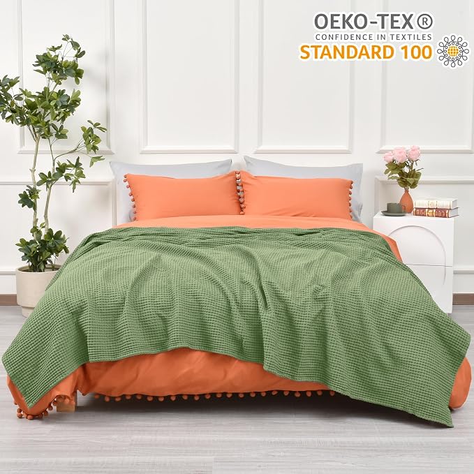 PHF Pre-Washed 100% Cotton Waffle Weave Blanket Queen Size for Bed,Snag Proof Throw Blanket for Couch Spring Summer Lightweight Breathable,Machine Washable, Home Decor Gift - Loden Green