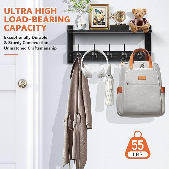 Oraich Wall Hooks with Shelf, Coat Rack Wall Mount, Entryway Hanging Shelf for Clothes Backpack Key Purse, Shelf with Hooks Hanging in Living Room, Bathroom, Bedroom, Kitchen