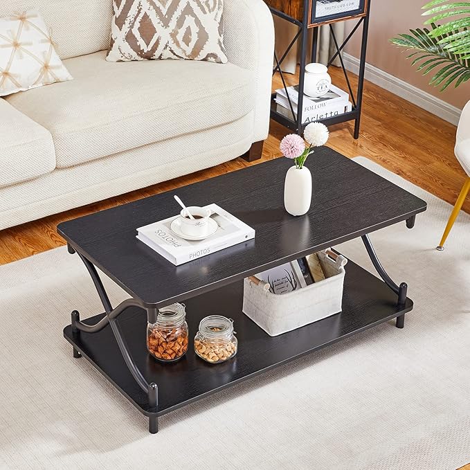 VECELO Coffee Table for Living Room with Round Corners Modern Farmhouse Center Table with Storage Shelf for Home Office 39 Inch, Easy Assembly, Matte Black