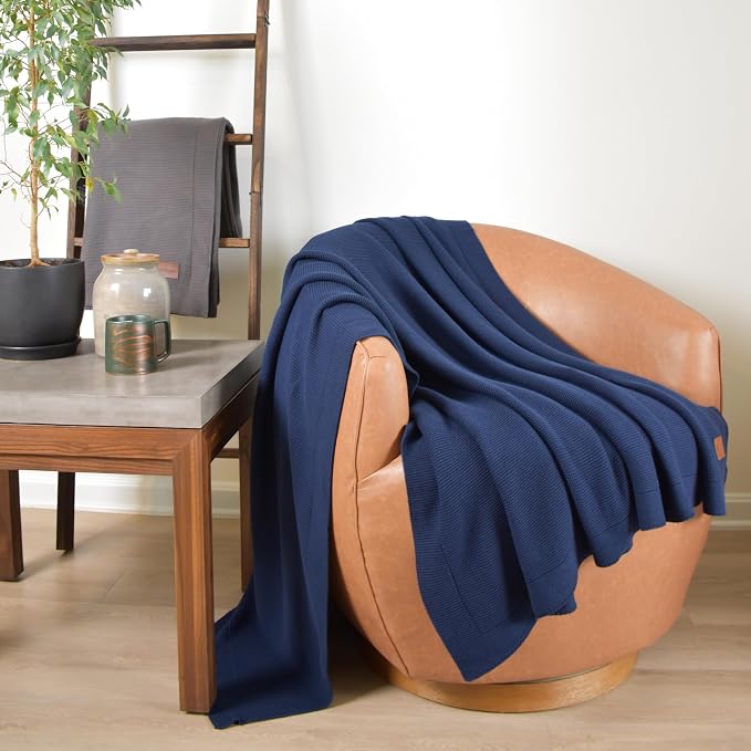 100% Cotton Knitted Throw Blanket – Oeko-TEX® Certified, Breathable & Soft, 50" x 60" – Substantial All-Season Blanket for Couch, Bed, Home Décor and Gifting - 2 lb (Navy Blue)