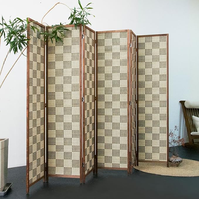 Furnnylane 6 Panel Bamboo Room Divider – 5.6 ft Tall Double-Sided Folding Privacy Screen, Freestanding Wall Partition for Home Office & Bedroom, Gray Brown Woven Texture, Easy Setup (67" H x 94.5" W)