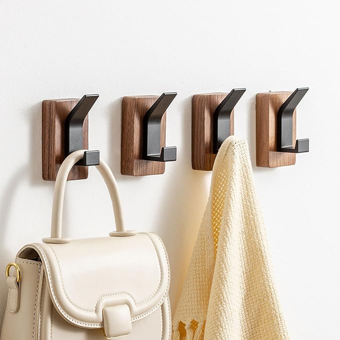 4-Pack Wood Wall Hooks - Wall Mounted or Adhesive Coat Rack for Entryway, Mudroom, Bathroom - Farmhouse Decorative Hangers for Towels, Hats, Keys, Purses, Bags, and Robes