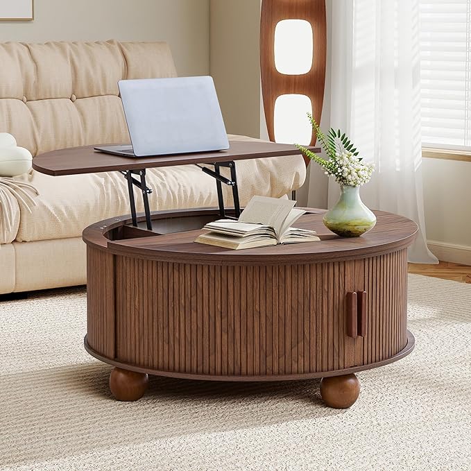 Round Lift Top Coffee Table with Hidden Storage, 33.5'' Mid-Century Modern Fluted Coffee Table with Sliding Tambour Door & Solid Wood Legs, Circle Center Table for Living Room, Small Space (Walnut)