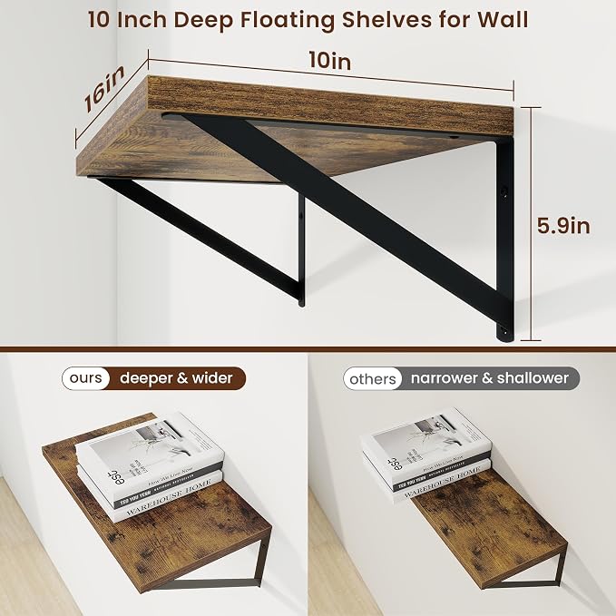 Axeman Deep Floating Shelves | 16 Inch Brown Wall Shelves Set of 2 | 10 Inch Deep Wood Floating Shelves for Wall | 16" W x 10" D Rustic Brown Shelves for Living Room Bathroom Kitchen