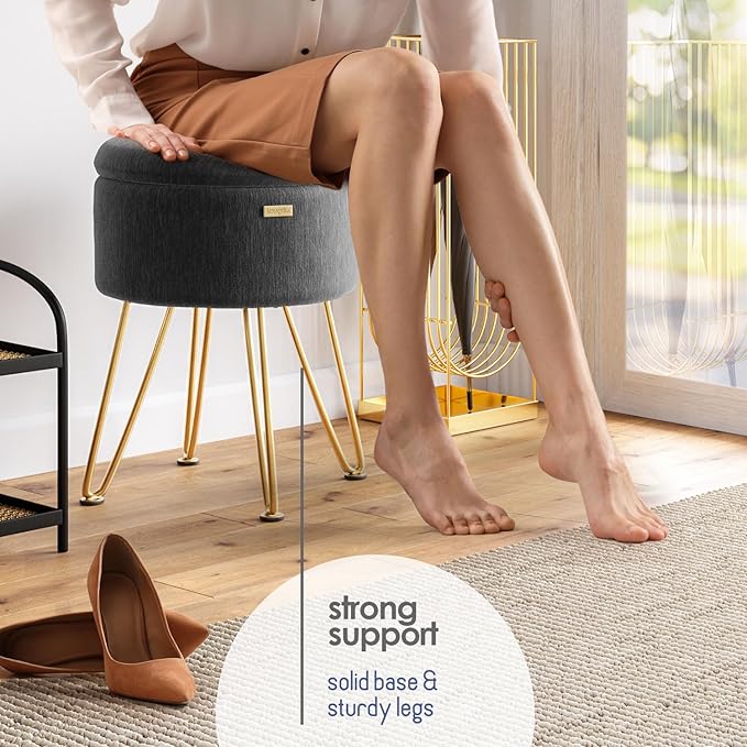 Round Ottoman with Storage, Textured Velvet Storage Ottoman, Foot Stool Ottomans, Makeup Vanity Stool, Small Ottomans Foot Rest, Modern Vanity Stools for Living Room and Bedroom, Grey