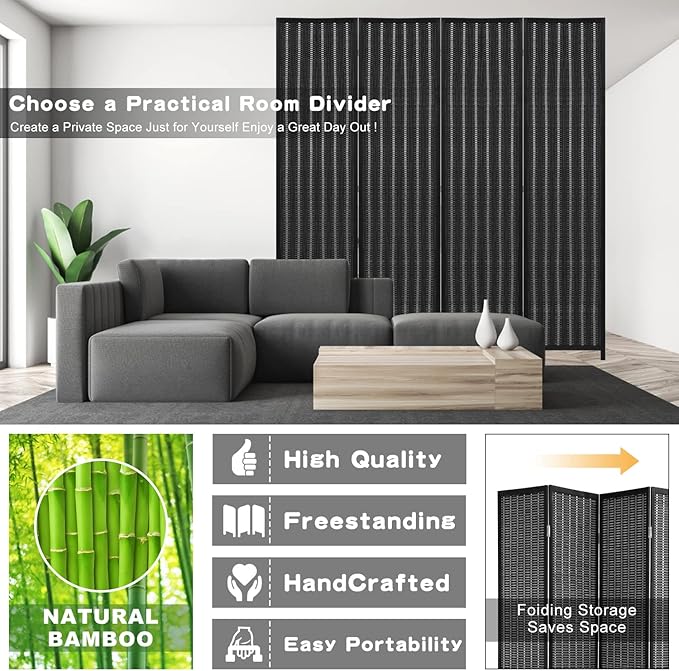 6ft Bamboo Room Divider Folding Privacy Screen 4 Foldable Panels Partition Wall Divider Freestanding Room Dividers Home Portable Partition Screen for Bedroom, Black