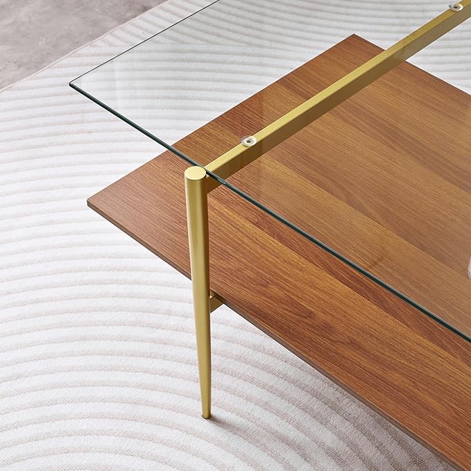 LumFurn X-Large Rectangle Glass Coffee Table, Mid-Century Modern Design for Living Room, L47xW24xH17 inch, 2-Tier Structure, Clear Glass Top and Walnut MDF Shelf, Conical Metal Legs with Gold Finish