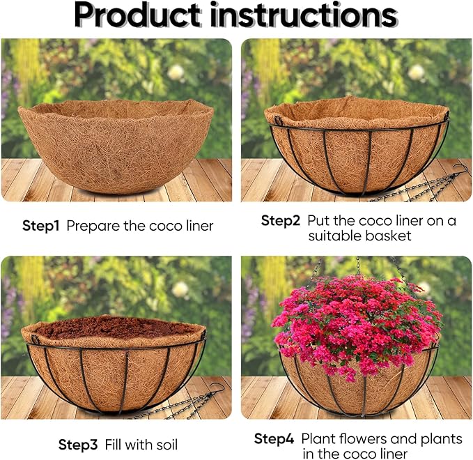 Hanging Basket Planter Plants Outdoor - 4 Pack 14 Inch Metal Hanging Planter with Coco Liners, Chain Hook Hanging Flower Pots for Indoor Outdoor Garden Porch Decoration