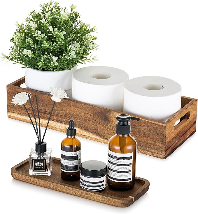 Hanobe Bathroom Toilet Tank Basket: Wood Acacia 2pcs Toilet Paper Topper with Vanity Tray Back of Organizer Toiletry Storage Holder Box