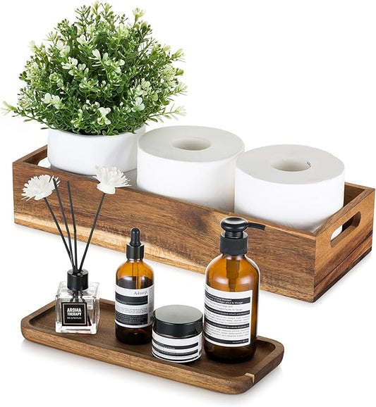 Hanobe Bathroom Toilet Tank Basket: Wood Acacia 2pcs Toilet Paper Topper with Vanity Tray Back of Organizer Toiletry Storage Holder Box