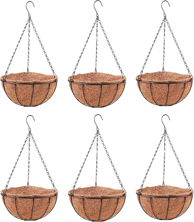 LaLaGreen Hanging Planters with Coco Liners (6 Pack, 12 Inch) Hanging Baskets for Plant Outdoor, Hanging Plant Pot Flower Metal Wire Round Holder Hanger Hook Chain Deck Porch Garden Balcony Boho Decor