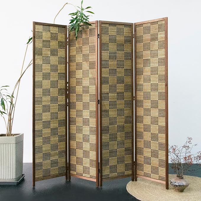 Furnnylane 4 Panel Bamboo Room Divider – 5.6 ft Tall Double-Sided Folding Privacy Screen, Freestanding Wall Partition for Home Office & Bedroom, Caramel Woven Texture, Easy Setup (67" H x 63" W)