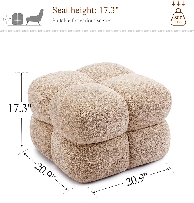 Square Ottoman Stool, Boucle Ottoman Coffee Table with with Full Coverage, Modern Vanity Stool, Upholstered Tufted Foot Rest Pouf for Bedroom, Living Room, Entryway, Tan